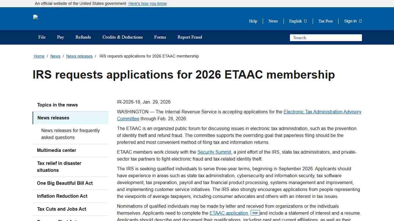 IRS requests applications for 2026 ETAAC membership Internal Revenue Service